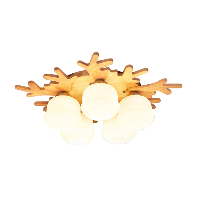 White Bud Shade Ceiling Mount Light with Beige Antlers Lovely Wooden Ceiling Lamp for Kid Bedroom Clearhalo 'Ceiling Lights' 'Close To Ceiling Lights' 'Close to ceiling' 'Semi-flushmount' Lighting' 170669