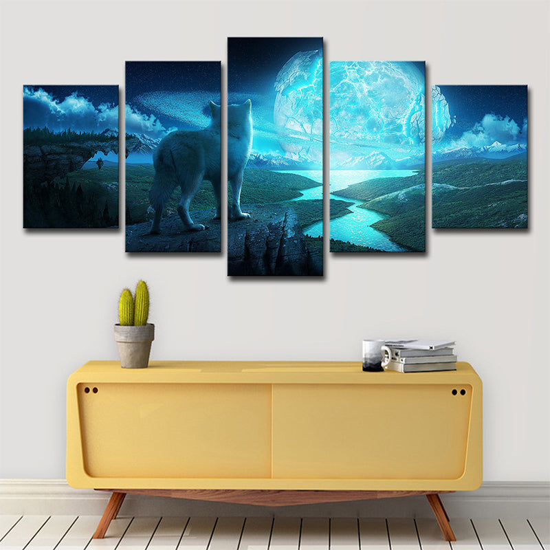 Big Moon and Wolf Canvas in Blue Modernist Wall Art Decor for Living Room, Multi-Piece Clearhalo 'Art Gallery' 'Canvas Art' 'Contemporary Art Gallery' 'Modern' Arts' 1706697