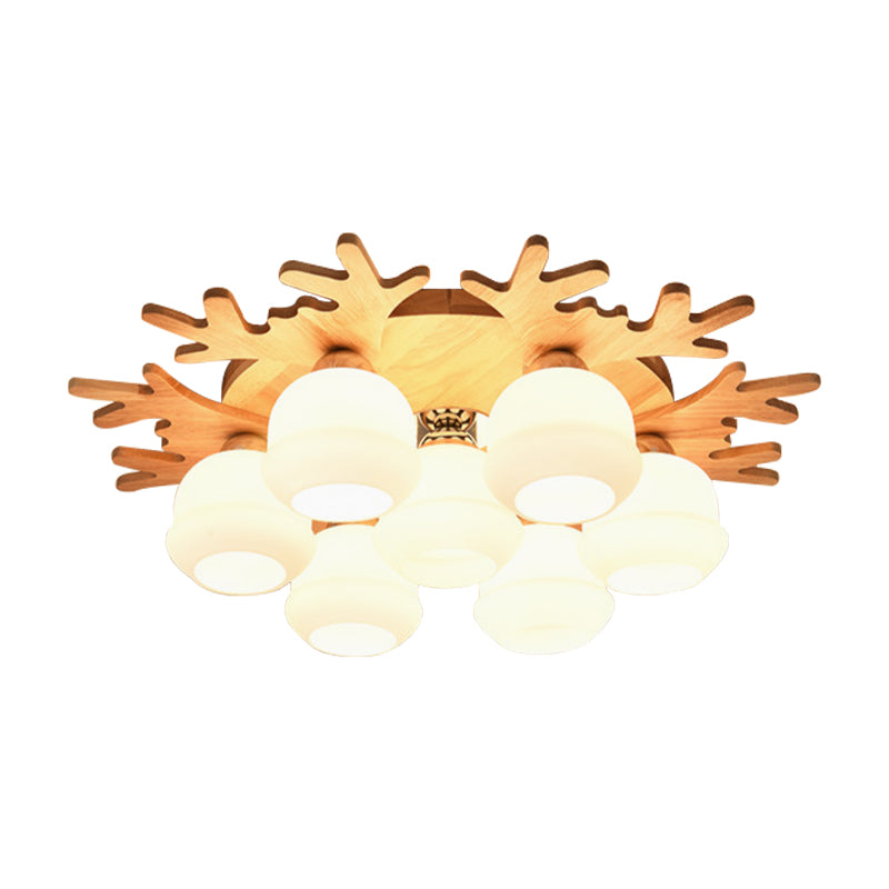 White Bud Shade Ceiling Mount Light with Beige Antlers Lovely Wooden Ceiling Lamp for Kid Bedroom Clearhalo 'Ceiling Lights' 'Close To Ceiling Lights' 'Close to ceiling' 'Semi-flushmount' Lighting' 170673