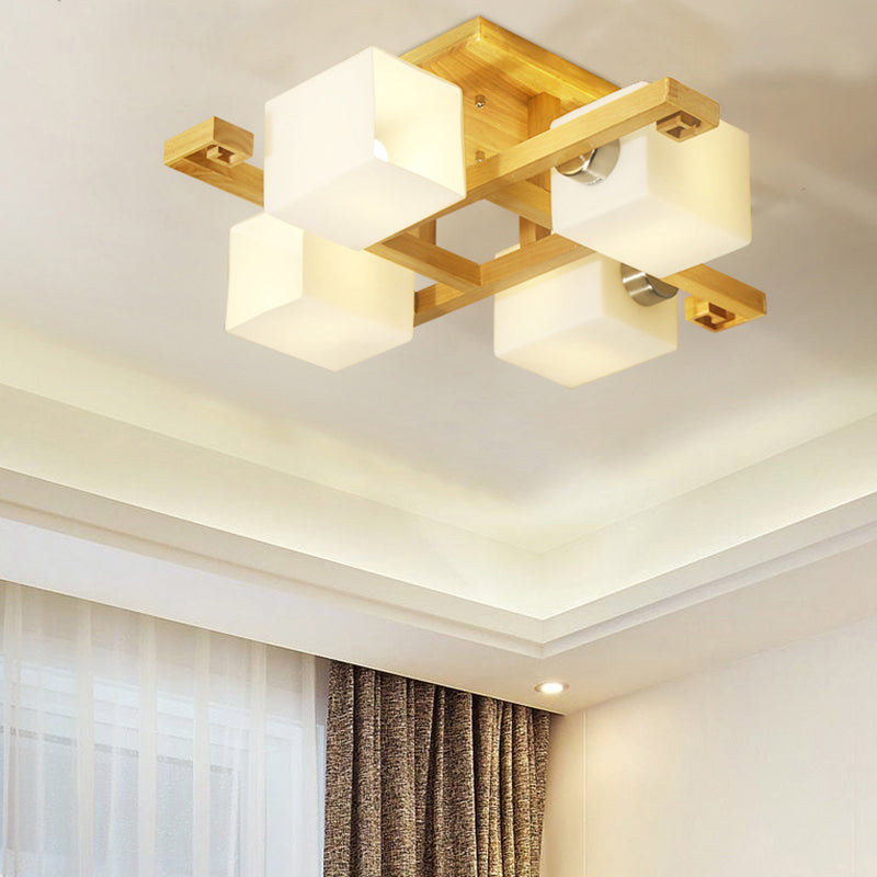 Cube Shade LED Flush Mount Light Japanese Style Wood & Milk Glass Ceiling Lamp for Office 4 Wood Clearhalo 'Ceiling Lights' 'Close To Ceiling Lights' 'Close to ceiling' 'Semi-flushmount' Lighting' 170679