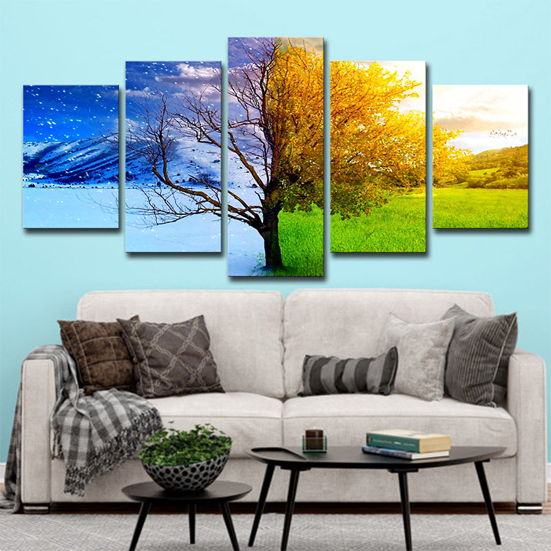Modernist Wall Art Decor Blue-Yellow Winter and Fall Tree Canvas Print for Living Room Clearhalo 'Art Gallery' 'Canvas Art' 'Contemporary Art Gallery' 'Modern' Arts' 1706790