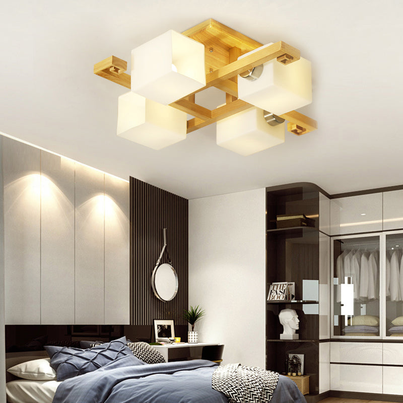 Cube Shade LED Flush Mount Light Japanese Style Wood & Milk Glass Ceiling Lamp for Office Clearhalo 'Ceiling Lights' 'Close To Ceiling Lights' 'Close to ceiling' 'Semi-flushmount' Lighting' 170680