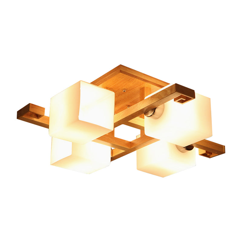 Cube Shade LED Flush Mount Light Japanese Style Wood & Milk Glass Ceiling Lamp for Office Clearhalo 'Ceiling Lights' 'Close To Ceiling Lights' 'Close to ceiling' 'Semi-flushmount' Lighting' 170681