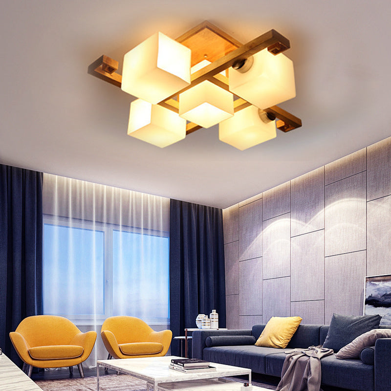 Cube Shade LED Flush Mount Light Japanese Style Wood & Milk Glass Ceiling Lamp for Office 5 Wood Clearhalo 'Ceiling Lights' 'Close To Ceiling Lights' 'Close to ceiling' 'Semi-flushmount' Lighting' 170683