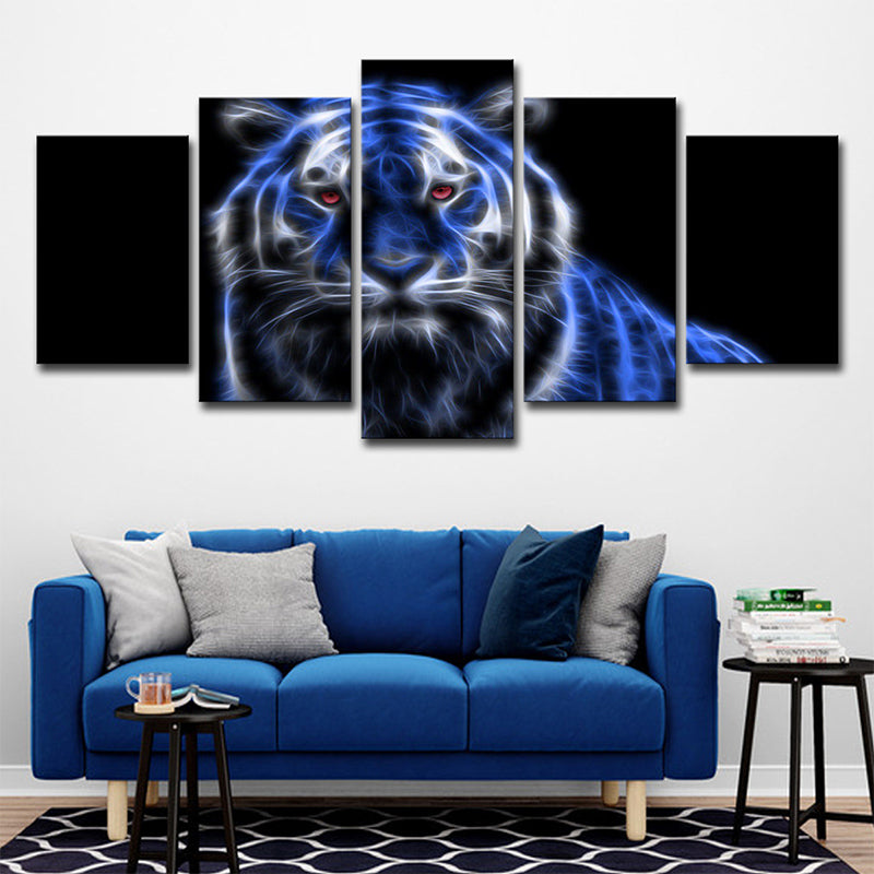 Luminous Tiger Canvas Wall Art for Boys Bedroom Animal Wall Decor in Blue on Black Blue Clearhalo 'Art Gallery' 'Canvas Art' 'Contemporary Art Gallery' 'Modern' Arts' 1706927