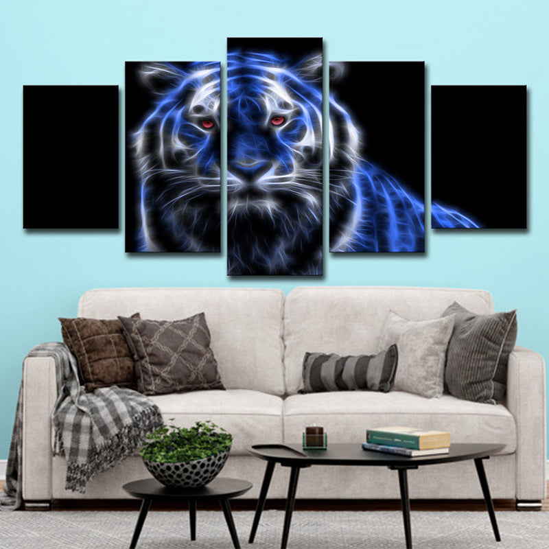 Luminous Tiger Canvas Wall Art for Boys Bedroom Animal Wall Decor in Blue on Black Clearhalo 'Art Gallery' 'Canvas Art' 'Contemporary Art Gallery' 'Modern' Arts' 1706929