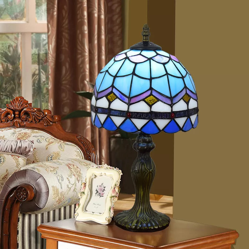 1 Light 6"/8" W Domed Table Lamp Baroque Style Stained Glass Bedroom Table Lighting in Blue/Brown Blue 6" Clearhalo 'Lamps' 'Table Lamps' Lighting' 170701