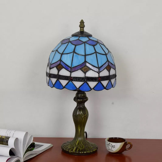 1 Light 6"/8" W Domed Table Lamp Baroque Style Stained Glass Bedroom Table Lighting in Blue/Brown Clearhalo 'Lamps' 'Table Lamps' Lighting' 170702