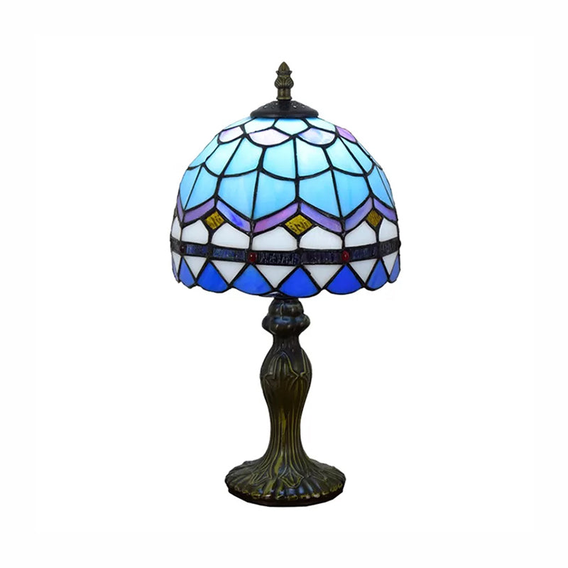 1 Light 6"/8" W Domed Table Lamp Baroque Style Stained Glass Bedroom Table Lighting in Blue/Brown Clearhalo 'Lamps' 'Table Lamps' Lighting' 170703