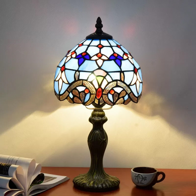 1 Light 6"/8" W Domed Table Lamp Baroque Style Stained Glass Bedroom Table Lighting in Blue/Brown Blue 8" Clearhalo 'Lamps' 'Table Lamps' Lighting' 170705