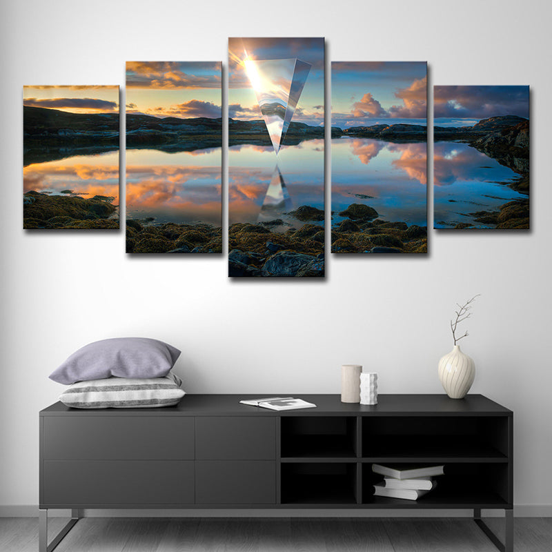 Sunset Lake Reflection Canvas Art Modern Picturesque Scenery Wall Decor in Blue for Home Clearhalo 'Art Gallery' 'Canvas Art' 'Contemporary Art Gallery' 'Modern' Arts' 1707050