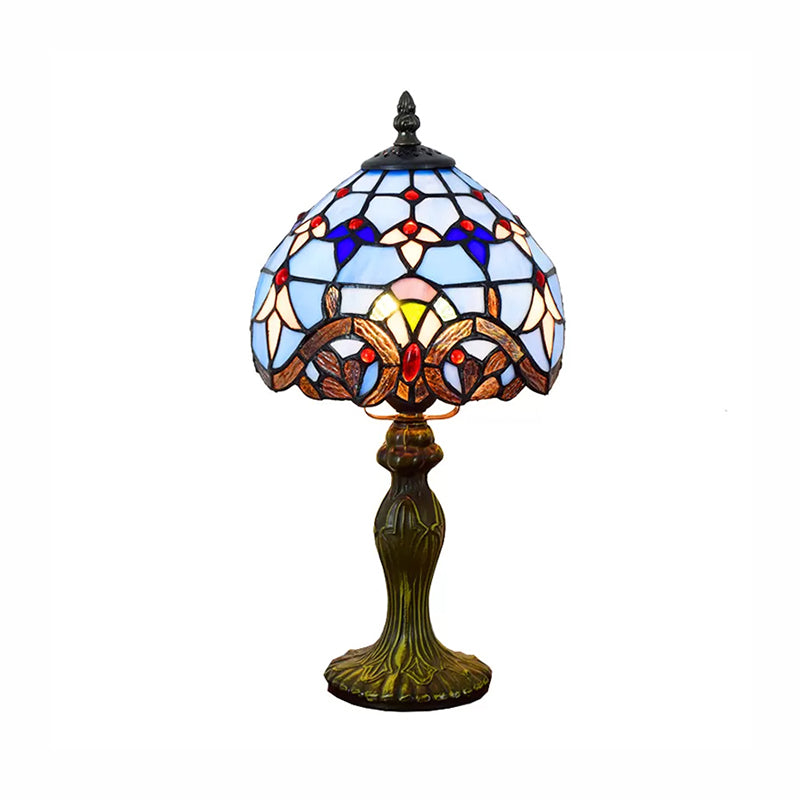 1 Light 6"/8" W Domed Table Lamp Baroque Style Stained Glass Bedroom Table Lighting in Blue/Brown Clearhalo 'Lamps' 'Table Lamps' Lighting' 170706