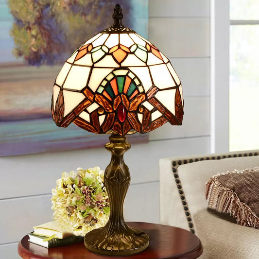 1 Light 6"/8" W Domed Table Lamp Baroque Style Stained Glass Bedroom Table Lighting in Blue/Brown Brown 8" Clearhalo 'Lamps' 'Table Lamps' Lighting' 170708