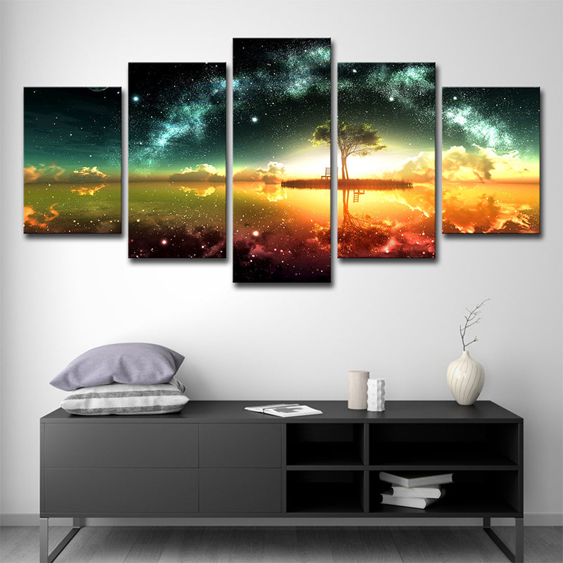 Digital Print Contemporary Canvas Art with Lakeside Tree and Starry Sky Scenery, Green Clearhalo 'Art Gallery' 'Canvas Art' 'Contemporary Art Gallery' 'Modern' Arts' 1707093