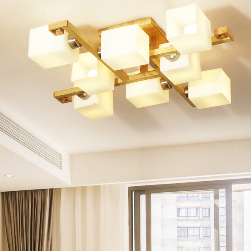 Cube Shade Living Room Ceiling Lamp Opal Glass & Wood Modern LED Flush Ceiling Light in Beige 8 Wood Clearhalo 'Ceiling Lights' 'Close To Ceiling Lights' 'Close to ceiling' 'Semi-flushmount' Lighting' 170716