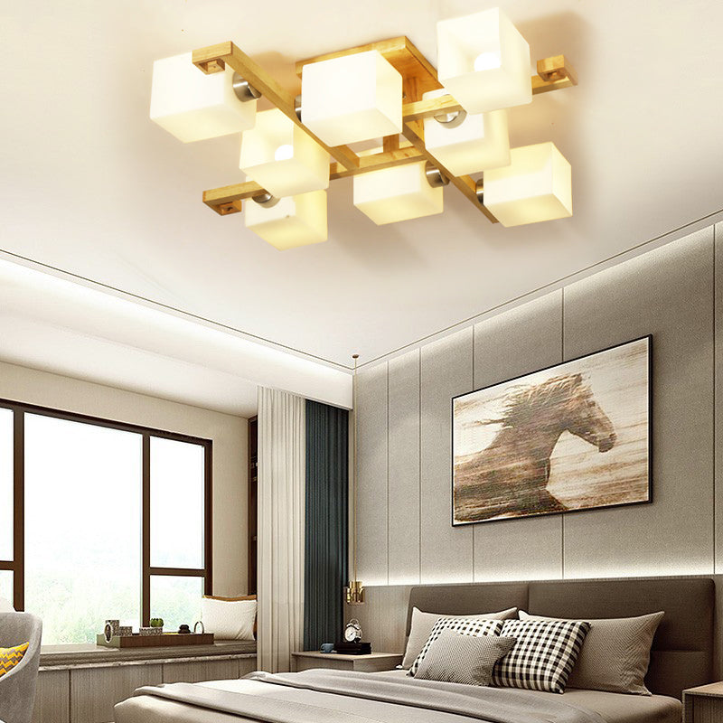 Cube Shade Living Room Ceiling Lamp Opal Glass & Wood Modern LED Flush Ceiling Light in Beige Clearhalo 'Ceiling Lights' 'Close To Ceiling Lights' 'Close to ceiling' 'Semi-flushmount' Lighting' 170717