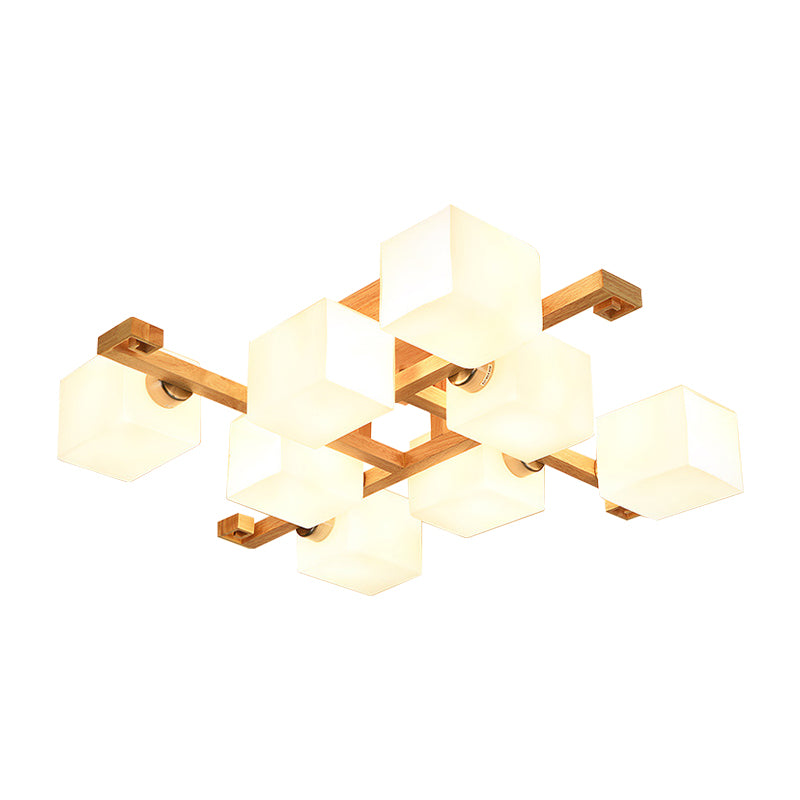 Cube Shade Living Room Ceiling Lamp Opal Glass & Wood Modern LED Flush Ceiling Light in Beige Clearhalo 'Ceiling Lights' 'Close To Ceiling Lights' 'Close to ceiling' 'Semi-flushmount' Lighting' 170718