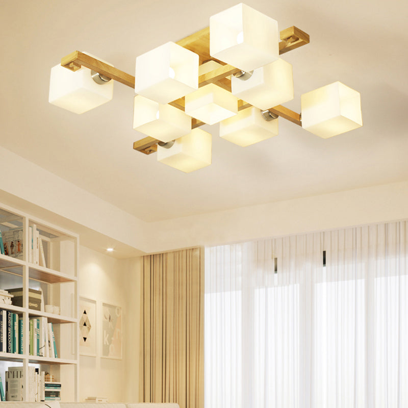 Cube Shade Living Room Ceiling Lamp Opal Glass & Wood Modern LED Flush Ceiling Light in Beige 9 Wood Clearhalo 'Ceiling Lights' 'Close To Ceiling Lights' 'Close to ceiling' 'Semi-flushmount' Lighting' 170720