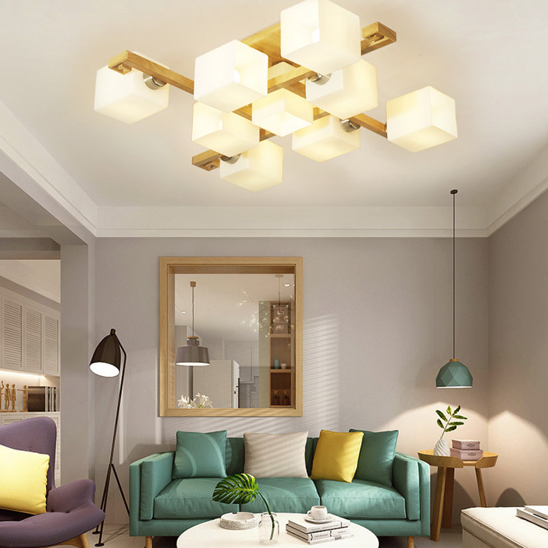 Cube Shade Living Room Ceiling Lamp Opal Glass & Wood Modern LED Flush Ceiling Light in Beige Clearhalo 'Ceiling Lights' 'Close To Ceiling Lights' 'Close to ceiling' 'Semi-flushmount' Lighting' 170721