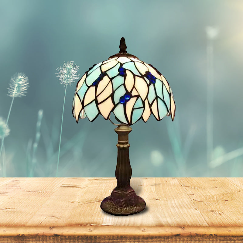 Blue Leaf Table Light with Dome Shade Stained Glass Tiffany 1 Blub Standing Table Light for Bedroom Clearhalo 'Lamps' 'Table Lamps' Lighting' 170726