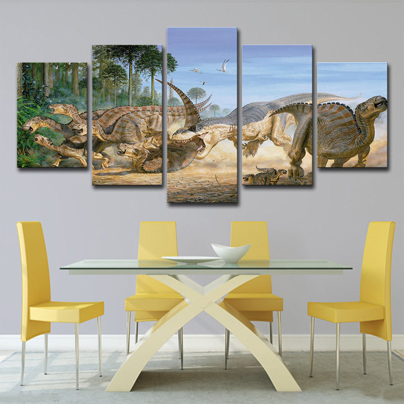 Science Fiction Dinosaur Wall Art Yellow Multi-Piece Canvas Print for Boys Bedroom Clearhalo 'Art Gallery' 'Canvas Art' 'Kids' Arts' 1707268