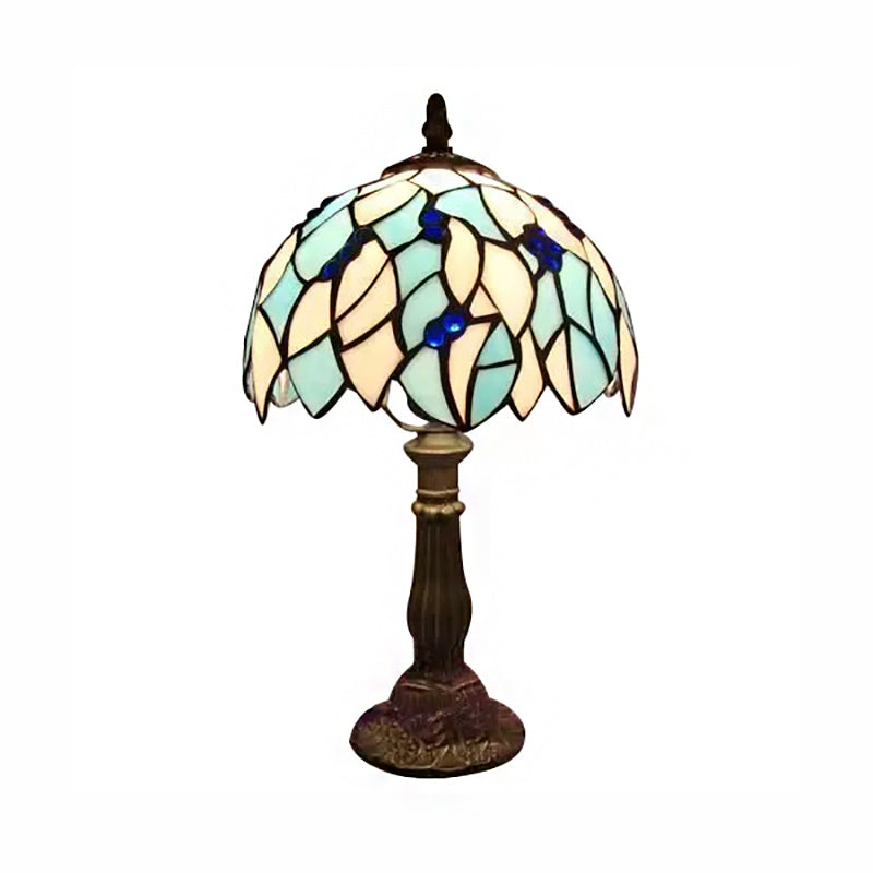 Blue Leaf Table Light with Dome Shade Stained Glass Tiffany 1 Blub Standing Table Light for Bedroom Clearhalo 'Lamps' 'Table Lamps' Lighting' 170727