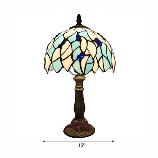 Blue Leaf Table Light with Dome Shade Stained Glass Tiffany 1 Blub Standing Table Light for Bedroom Clearhalo 'Lamps' 'Table Lamps' Lighting' 170728