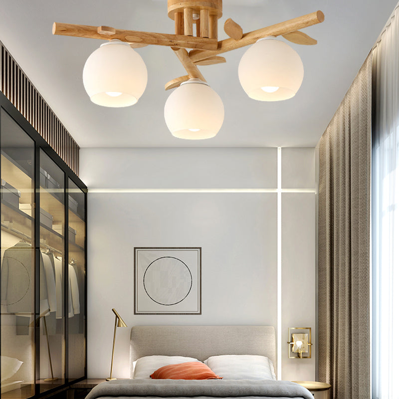 Sphere Dining Room Ceiling Lamp Opal Glass Creative Semi Flush Ceiling Light with Wooden Branch in Beige 3 Wood Clearhalo 'Ceiling Lights' 'Close To Ceiling Lights' 'Close to ceiling' 'Semi-flushmount' Lighting' 170746