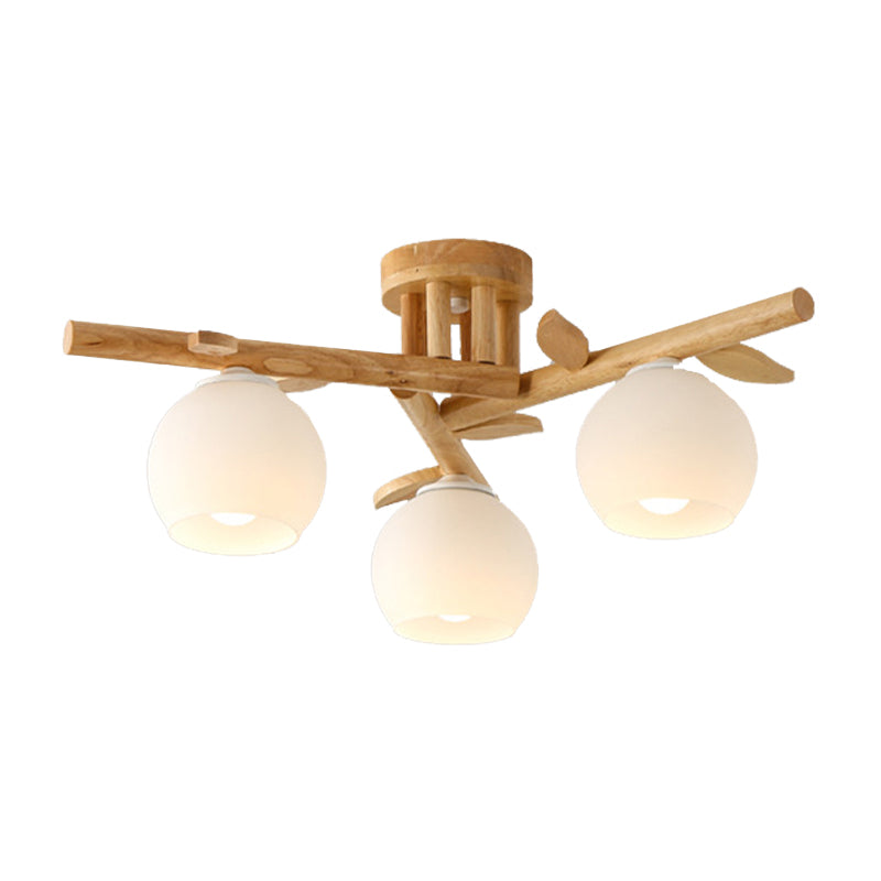 Sphere Dining Room Ceiling Lamp Opal Glass Creative Semi Flush Ceiling Light with Wooden Branch in Beige Clearhalo 'Ceiling Lights' 'Close To Ceiling Lights' 'Close to ceiling' 'Semi-flushmount' Lighting' 170748