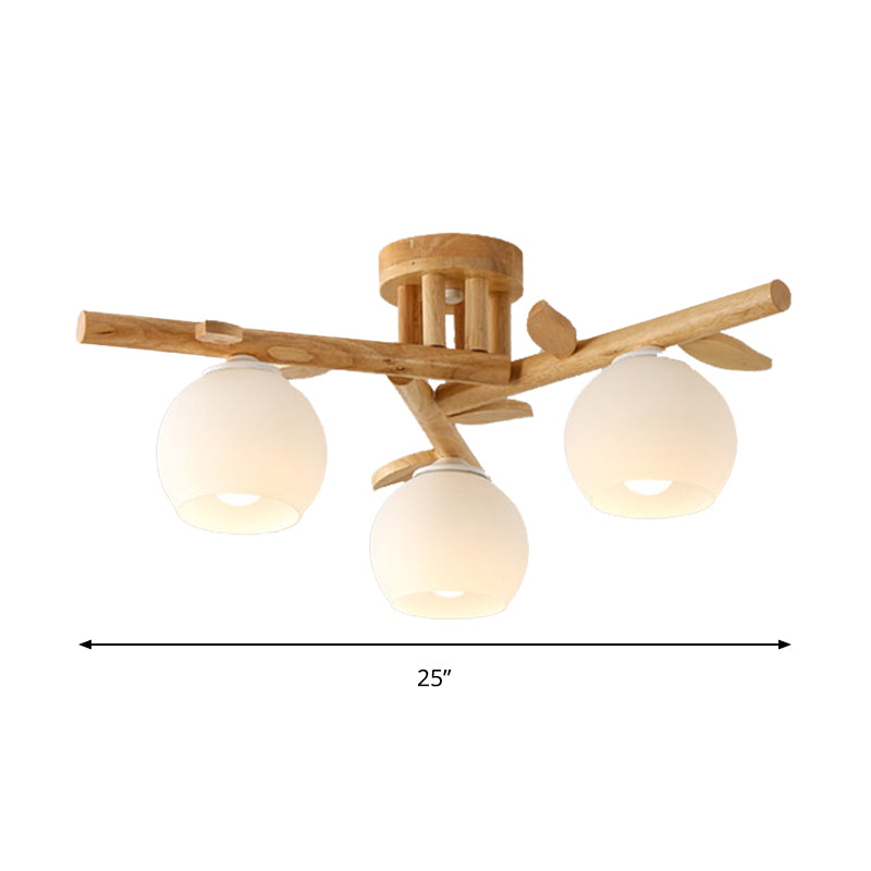 Sphere Dining Room Ceiling Lamp Opal Glass Creative Semi Flush Ceiling Light with Wooden Branch in Beige Clearhalo 'Ceiling Lights' 'Close To Ceiling Lights' 'Close to ceiling' 'Semi-flushmount' Lighting' 170749