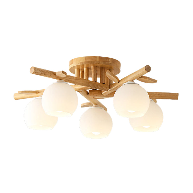 Sphere Dining Room Ceiling Lamp Opal Glass Creative Semi Flush Ceiling Light with Wooden Branch in Beige Clearhalo 'Ceiling Lights' 'Close To Ceiling Lights' 'Close to ceiling' 'Semi-flushmount' Lighting' 170752