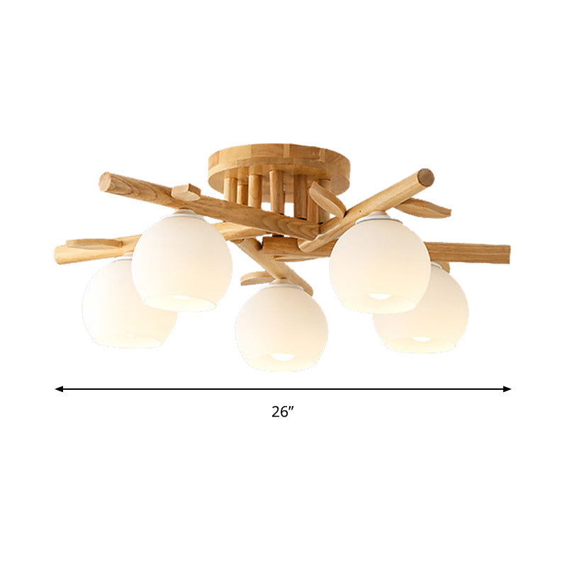 Sphere Dining Room Ceiling Lamp Opal Glass Creative Semi Flush Ceiling Light with Wooden Branch in Beige Clearhalo 'Ceiling Lights' 'Close To Ceiling Lights' 'Close to ceiling' 'Semi-flushmount' Lighting' 170753