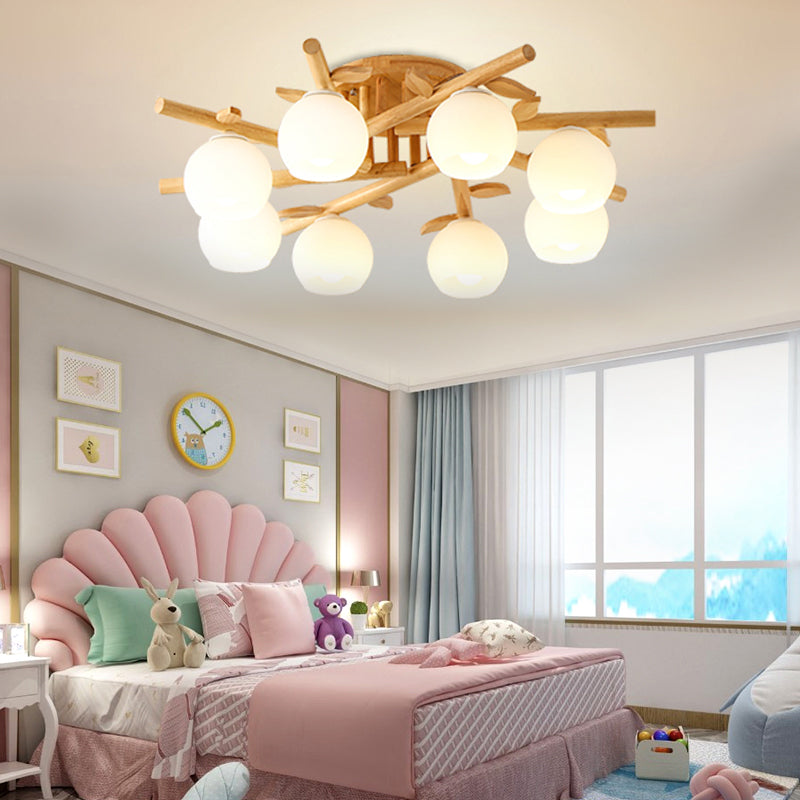 Sphere Dining Room Ceiling Lamp Opal Glass Creative Semi Flush Ceiling Light with Wooden Branch in Beige 8 Wood Clearhalo 'Ceiling Lights' 'Close To Ceiling Lights' 'Close to ceiling' 'Semi-flushmount' Lighting' 170754