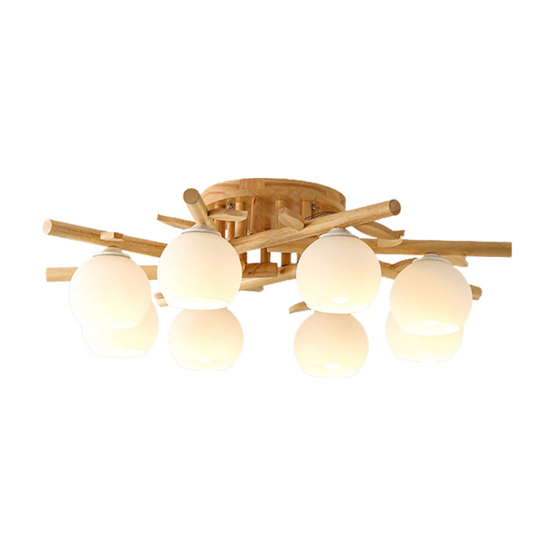 Sphere Dining Room Ceiling Lamp Opal Glass Creative Semi Flush Ceiling Light with Wooden Branch in Beige Clearhalo 'Ceiling Lights' 'Close To Ceiling Lights' 'Close to ceiling' 'Semi-flushmount' Lighting' 170756