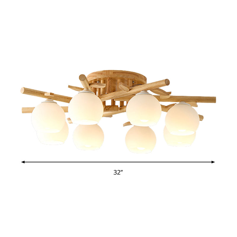 Sphere Dining Room Ceiling Lamp Opal Glass Creative Semi Flush Ceiling Light with Wooden Branch in Beige Clearhalo 'Ceiling Lights' 'Close To Ceiling Lights' 'Close to ceiling' 'Semi-flushmount' Lighting' 170757