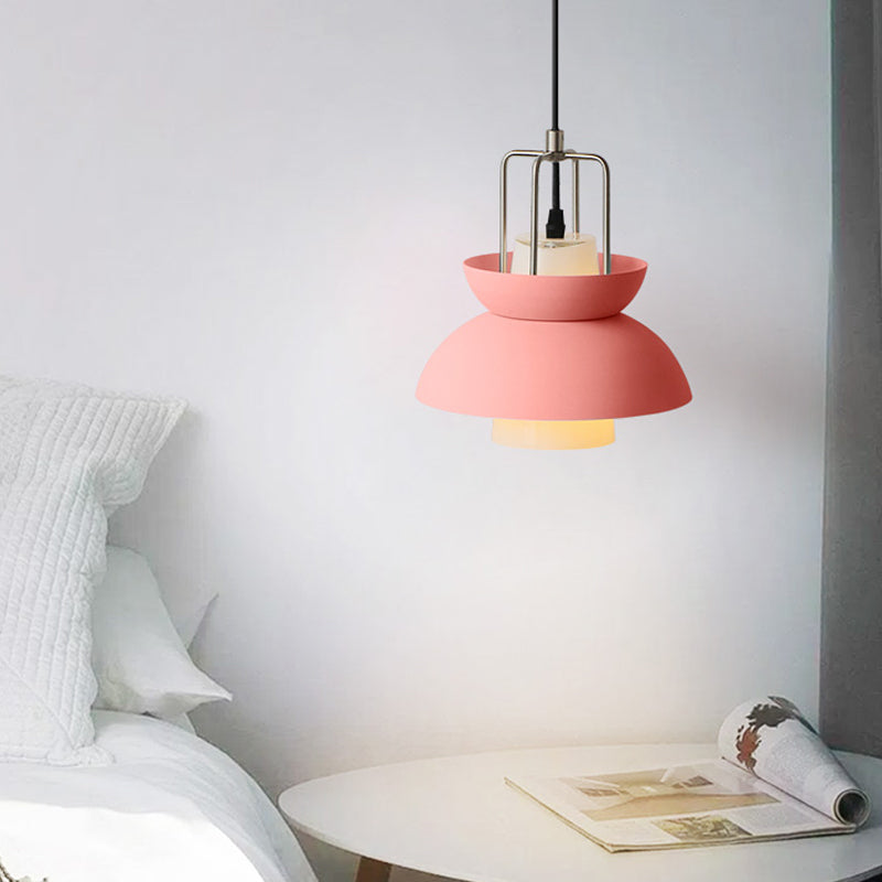 1 Light Bedroom Ceiling Light Fixture with Bowl Metallic Shade Macaron Style Gray/Pink Hanging Lamp Pink Clearhalo 'Ceiling Lights' 'Modern Pendants' 'Modern' 'Pendant Lights' 'Pendants' Lighting' 170789