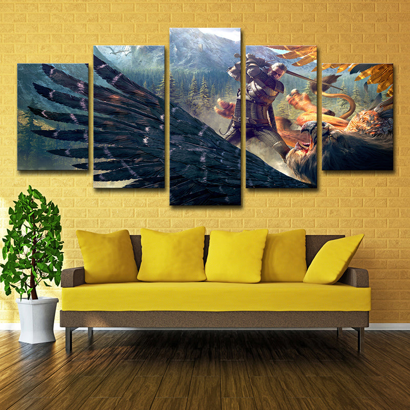 Dark Blue Kids Wall Art Digital Print Witcher Fight Against Eagle Game Scene Canvas for Room Clearhalo 'Art Gallery' 'Canvas Art' 'Kids' Arts' 1707972