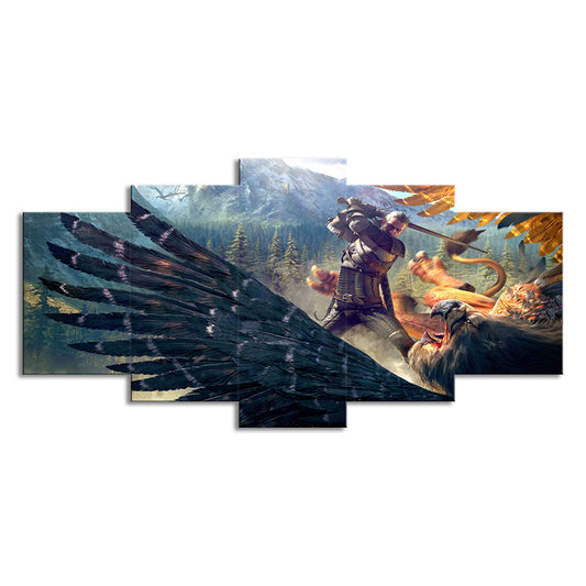 Dark Blue Kids Wall Art Digital Print Witcher Fight Against Eagle Game Scene Canvas for Room Clearhalo 'Art Gallery' 'Canvas Art' 'Kids' Arts' 1707974