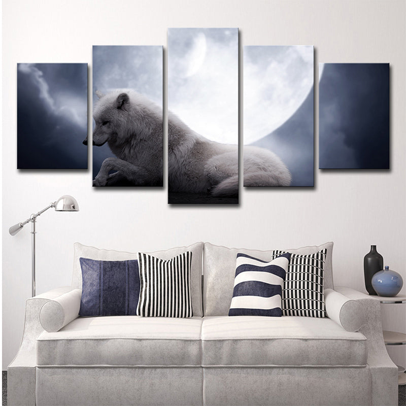White Wolf and Moon Art Print Multi-Piece Modernism Sitting Room Wall Decoration White Clearhalo 'Art Gallery' 'Canvas Art' 'Contemporary Art Gallery' 'Modern' Arts' 1708061