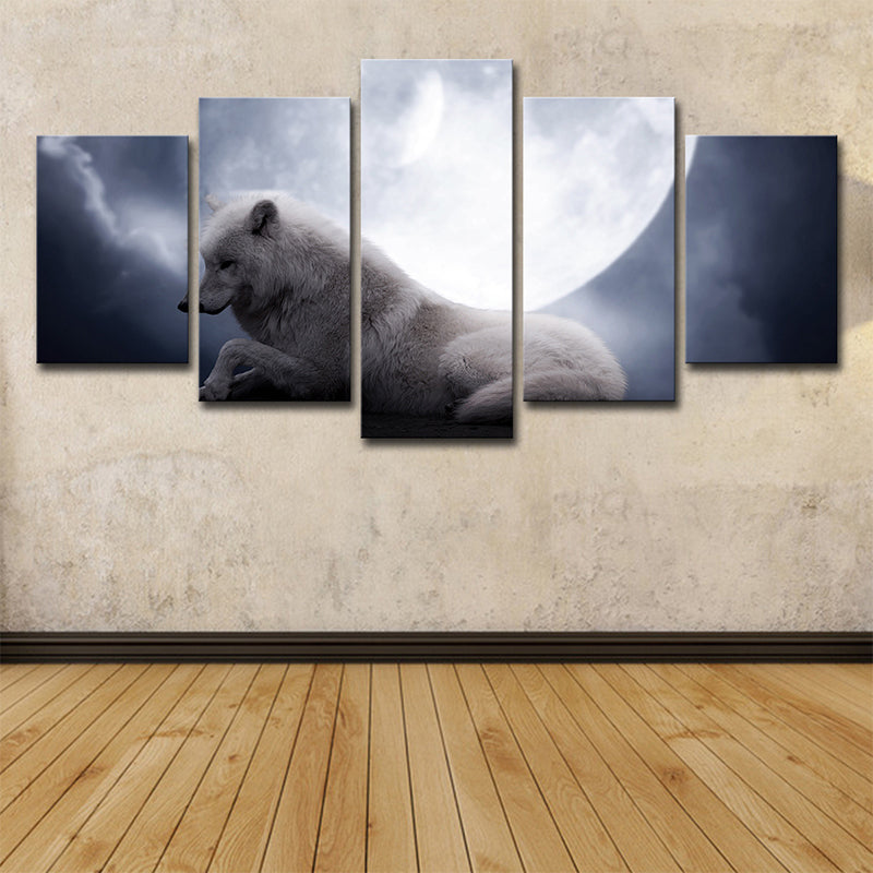 White Wolf and Moon Art Print Multi-Piece Modernism Sitting Room Wall Decoration Clearhalo 'Art Gallery' 'Canvas Art' 'Contemporary Art Gallery' 'Modern' Arts' 1708062