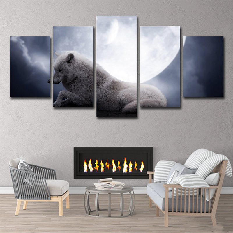 White Wolf and Moon Art Print Multi-Piece Modernism Sitting Room Wall Decoration Clearhalo 'Art Gallery' 'Canvas Art' 'Contemporary Art Gallery' 'Modern' Arts' 1708063