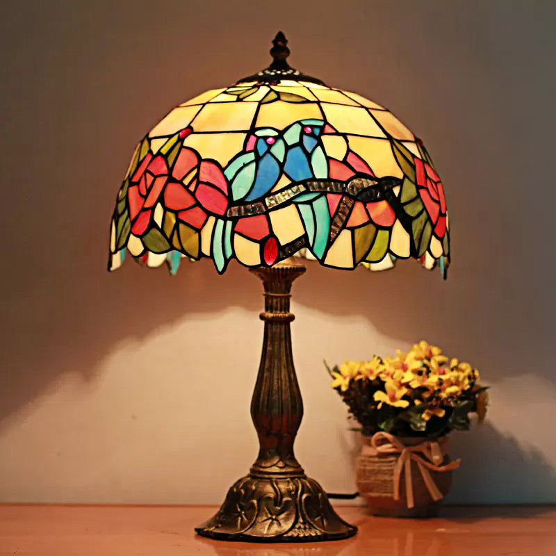 Rustic Parrot Table Lamp with Rose 1 Light Stained Glass Table Lighting in Brass/Copper for Bedroom Clearhalo 'Lamps' 'Table Lamps' Lighting' 170824