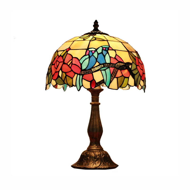 Rustic Parrot Table Lamp with Rose 1 Light Stained Glass Table Lighting in Brass/Copper for Bedroom Clearhalo 'Lamps' 'Table Lamps' Lighting' 170825