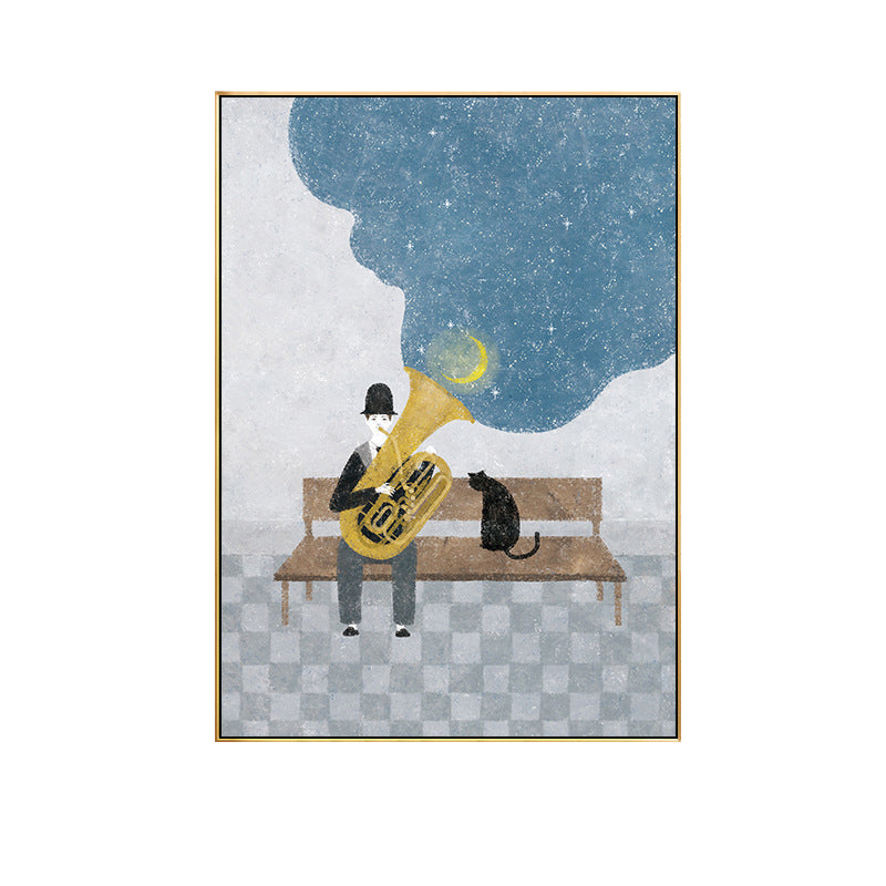 Childrens Art Musical Canvas Print Blue Gentleman Playing Trumpet with His Cat at Night Wall Decor Clearhalo 'Art Gallery' 'Canvas Art' 'Kids' Arts' 1708305