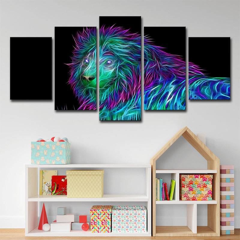Lion King Canvas Art Modern Multi-Piece Wall Decor in Purple-Blue on Black for Room Clearhalo 'Art Gallery' 'Canvas Art' 'Contemporary Art Gallery' 'Modern' Arts' 1708370