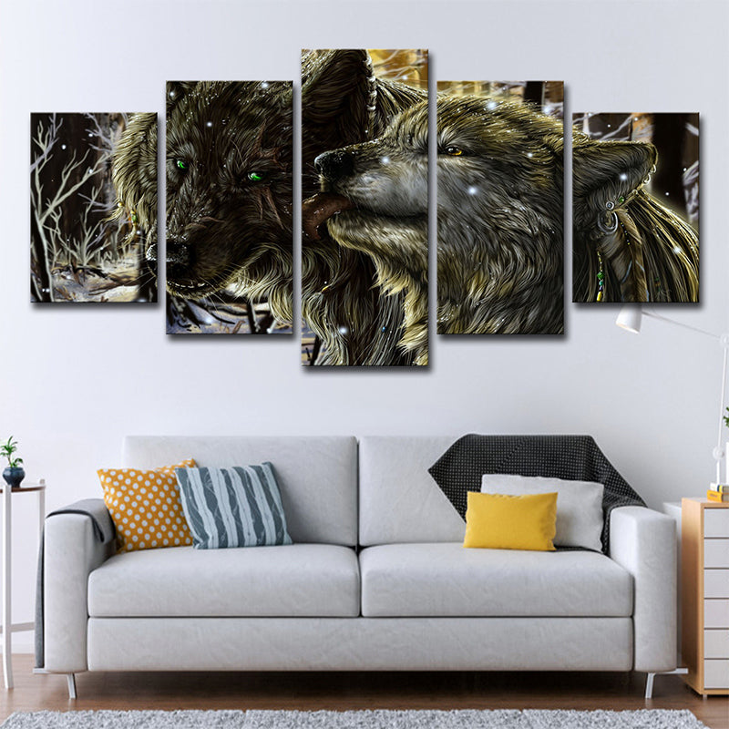 Winterscape Wolves Wall Art Decor Modern Multi-Piece Canvas Print in Yellow for Room Yellow Clearhalo 'Art Gallery' 'Canvas Art' 'Contemporary Art Gallery' 'Modern' Arts' 1708411
