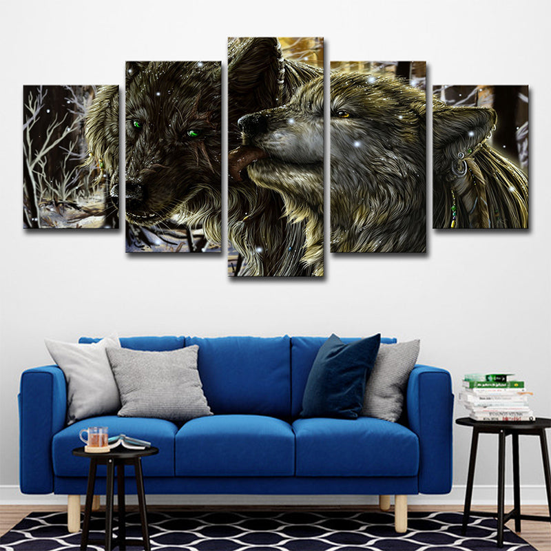 Winterscape Wolves Wall Art Decor Modern Multi-Piece Canvas Print in Yellow for Room Clearhalo 'Art Gallery' 'Canvas Art' 'Contemporary Art Gallery' 'Modern' Arts' 1708412