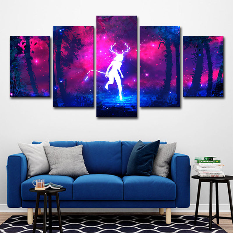 Cartoon Deer Fairy Wall Art Print Purple-Blue Night Wonderland Canvas for Bedroom Purple Clearhalo 'Art Gallery' 'Canvas Art' 'Kids' Arts' 1708476