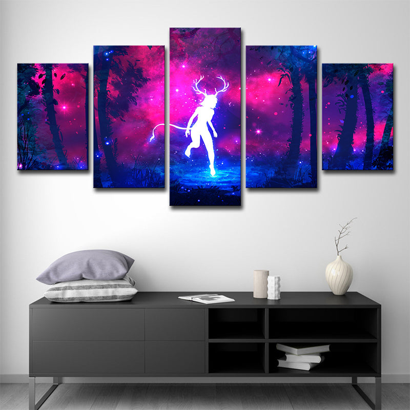 Cartoon Deer Fairy Wall Art Print Purple-Blue Night Wonderland Canvas for Bedroom Clearhalo 'Art Gallery' 'Canvas Art' 'Kids' Arts' 1708478