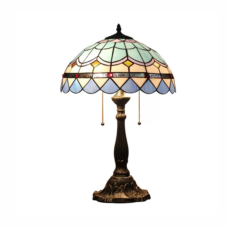 Baroque Style Dome/Bowl Reading Light 1 Light Stained Glass Table Lighting with Metal Base in Blue Clearhalo 'Lamps' 'Table Lamps' Lighting' 170857